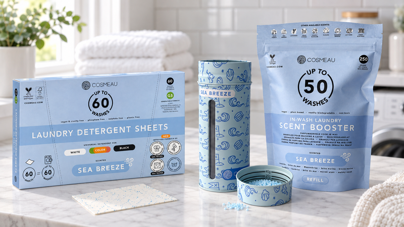 Pachet complet pentru rufe: Foi de detergent Cosmeau – 60 spălări + Set granule parfumate Cosmeau Sea Breeze – recipient metalic + rezervă 250 g