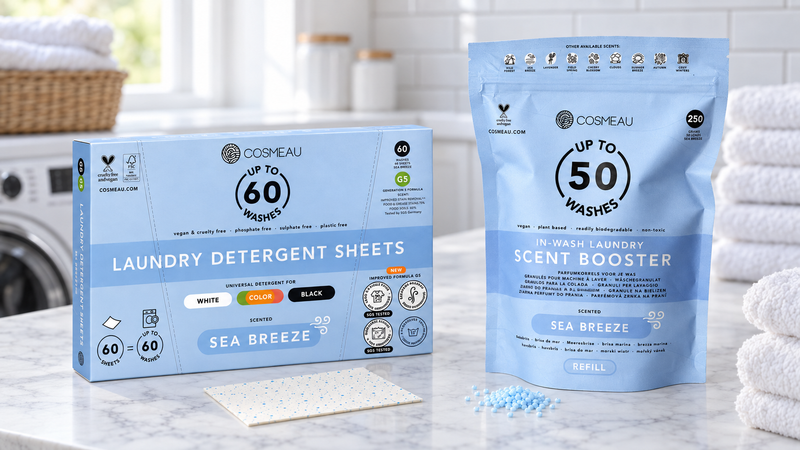 Pachet Cosmeau Sea Breeze – Foi de detergent, 60 spălări + Granule parfumate, rezervă 250 g