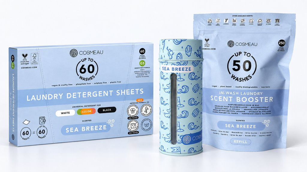 Pachet complet pentru rufe: Foi de detergent Cosmeau – 60 spălări + Set granule parfumate Cosmeau Sea Breeze – recipient metalic + rezervă 250 g